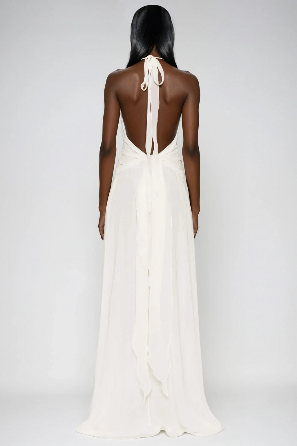Aradhya Flower Ruffle Halter Neck Mesh Maxi Dress In White