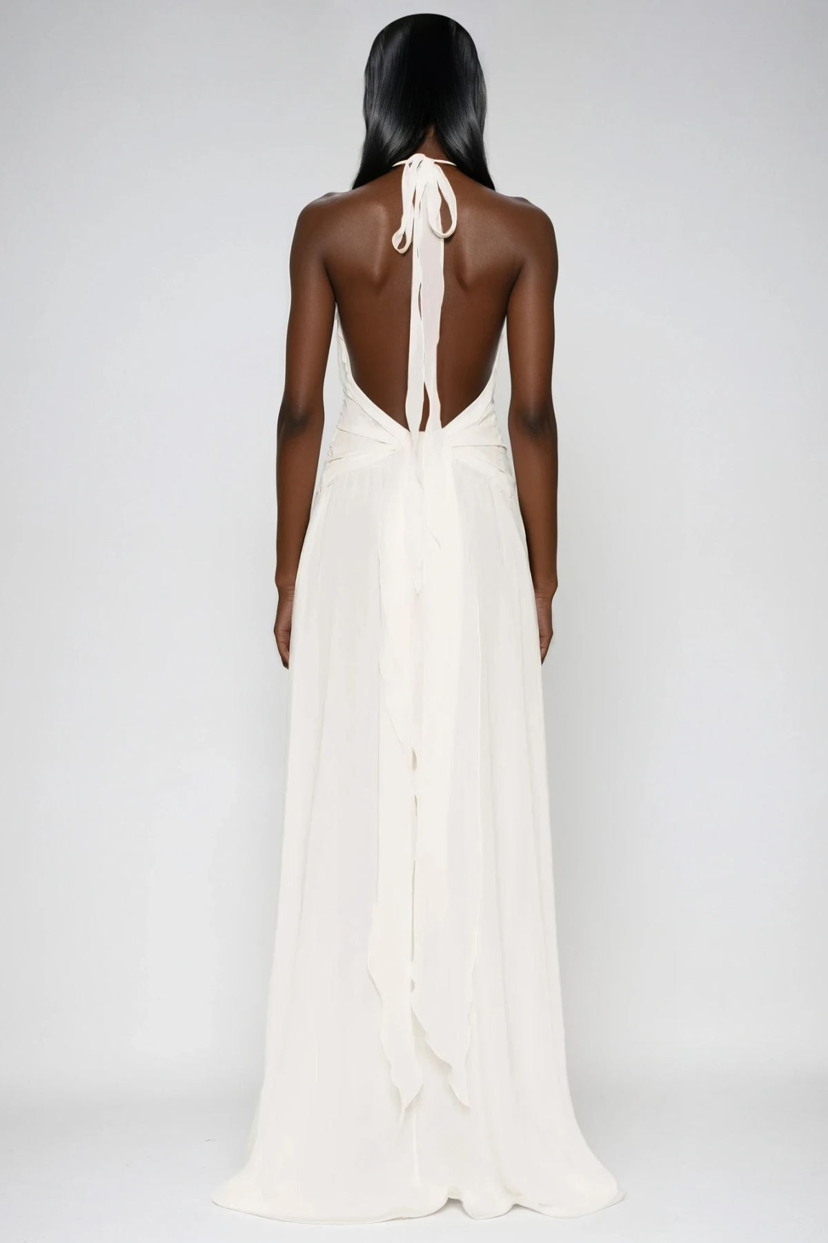 Aradhya Flower Ruffle Halter Neck Mesh Maxi Dress In White