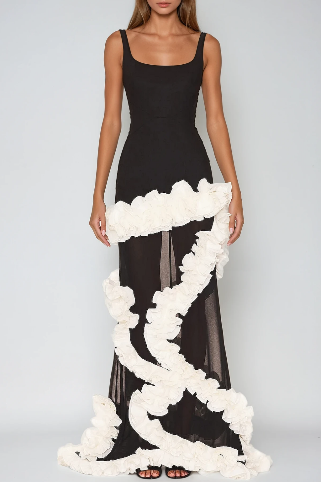 Beckah Mesh Ruffle Asymmetric Maxi Dress