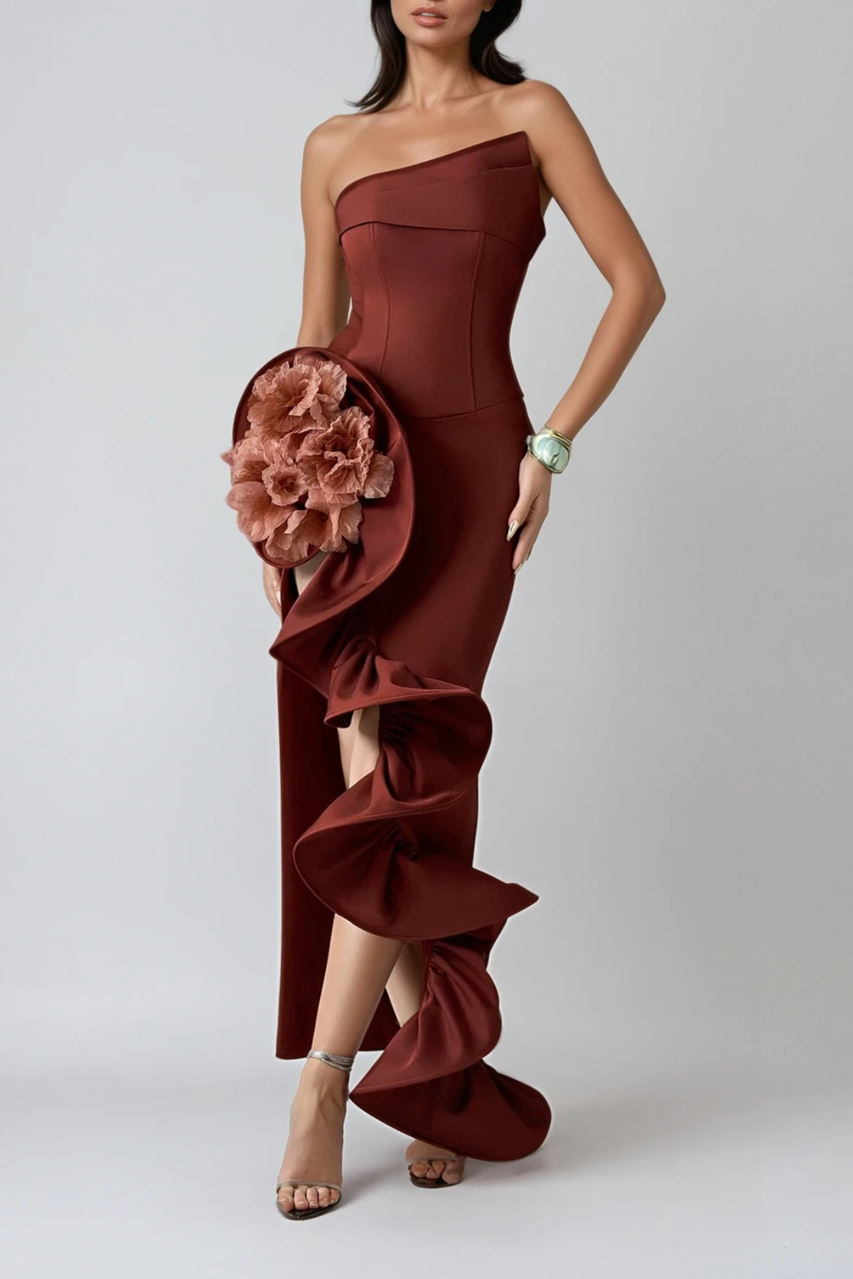 Darcie Flower Ruffle Asymmetric Maxi Dress