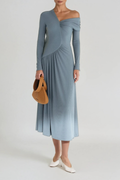 DeAngelo One Shoulder Asymmetric Ruch Maxi Dress In Blue