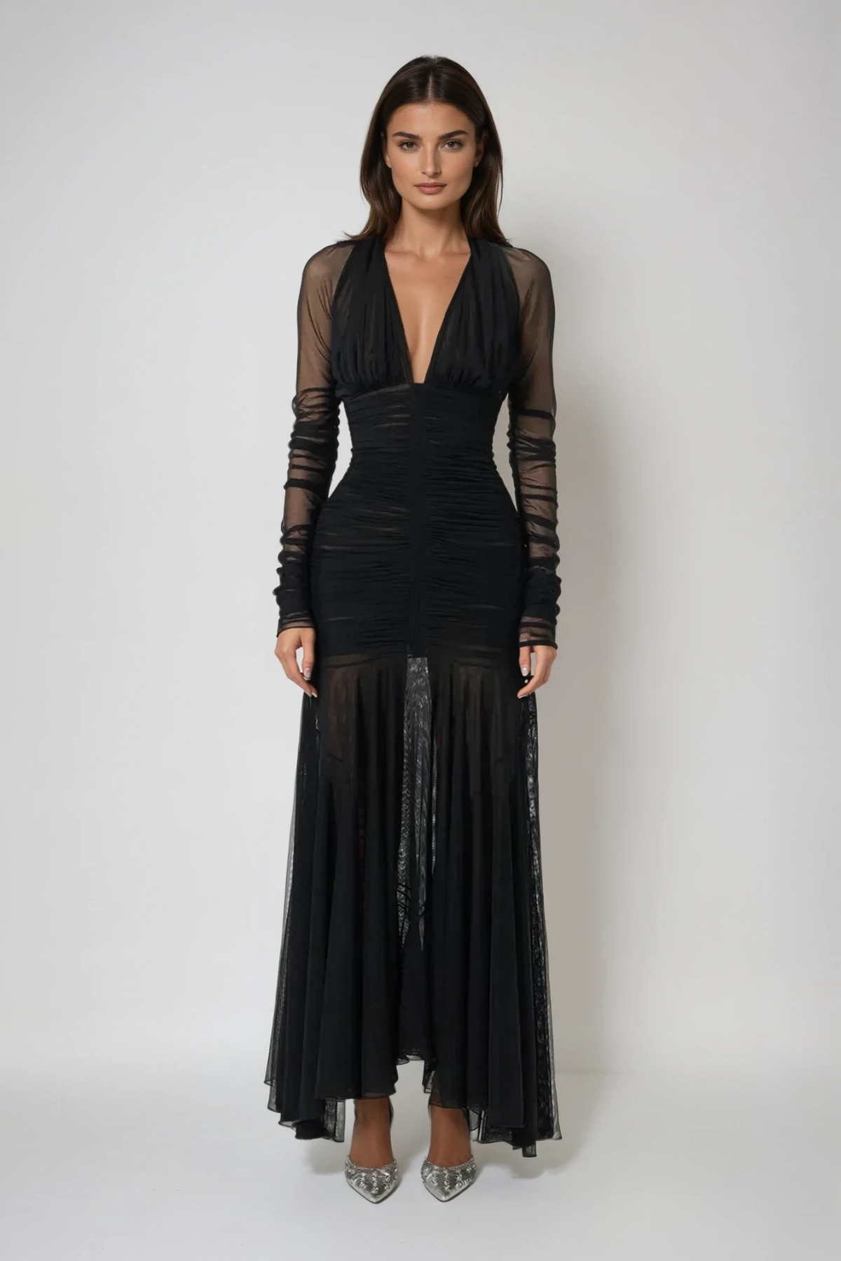 Dejana Plunge Ruch Mesh Maxi Dress