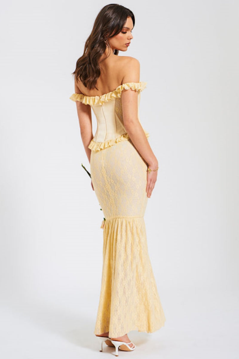 Satin Lace Peplum Corset Off Shoulder Maxi Dress