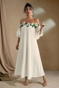 Solid Color Off-Shoulder Floral Elegant Maxi Dress