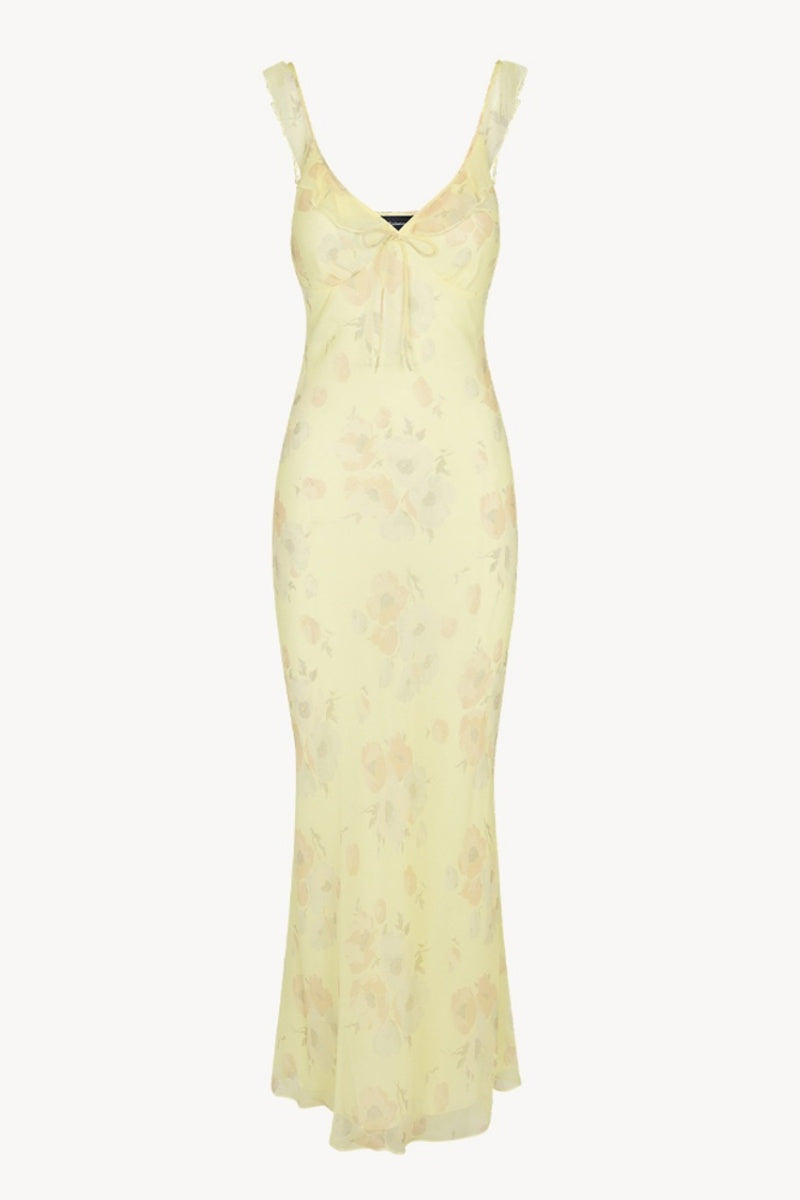 Bow Ruffle Plunge Neck Floral Slim Fit Maxi Dress